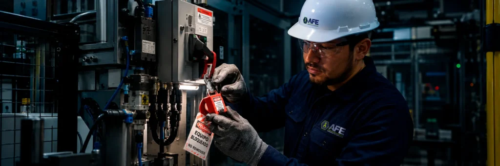 Técnico aplicando sistema LOTO para seguridad en maquinaria industrial