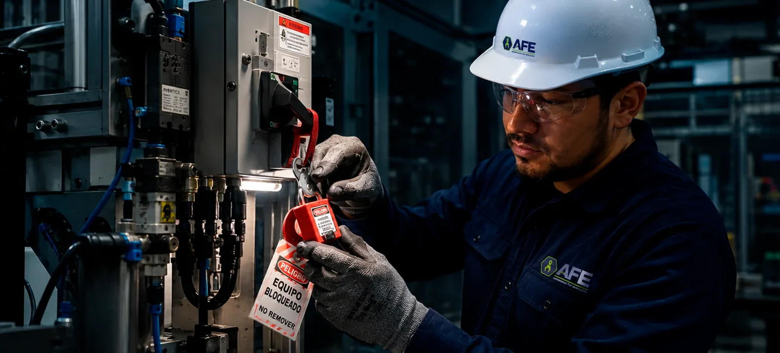 Técnico aplicando sistema LOTO para seguridad en maquinaria industrial