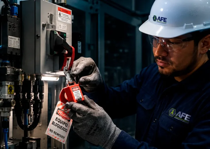 Técnico aplicando sistema LOTO para seguridad en maquinaria industrial