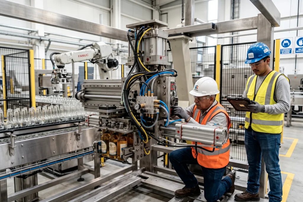 Técnicos mexicanos supervisando paletizadora modernizada