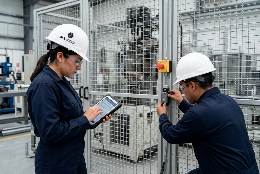 Personal de AFE validando interlock y guarda de seguridad industrial